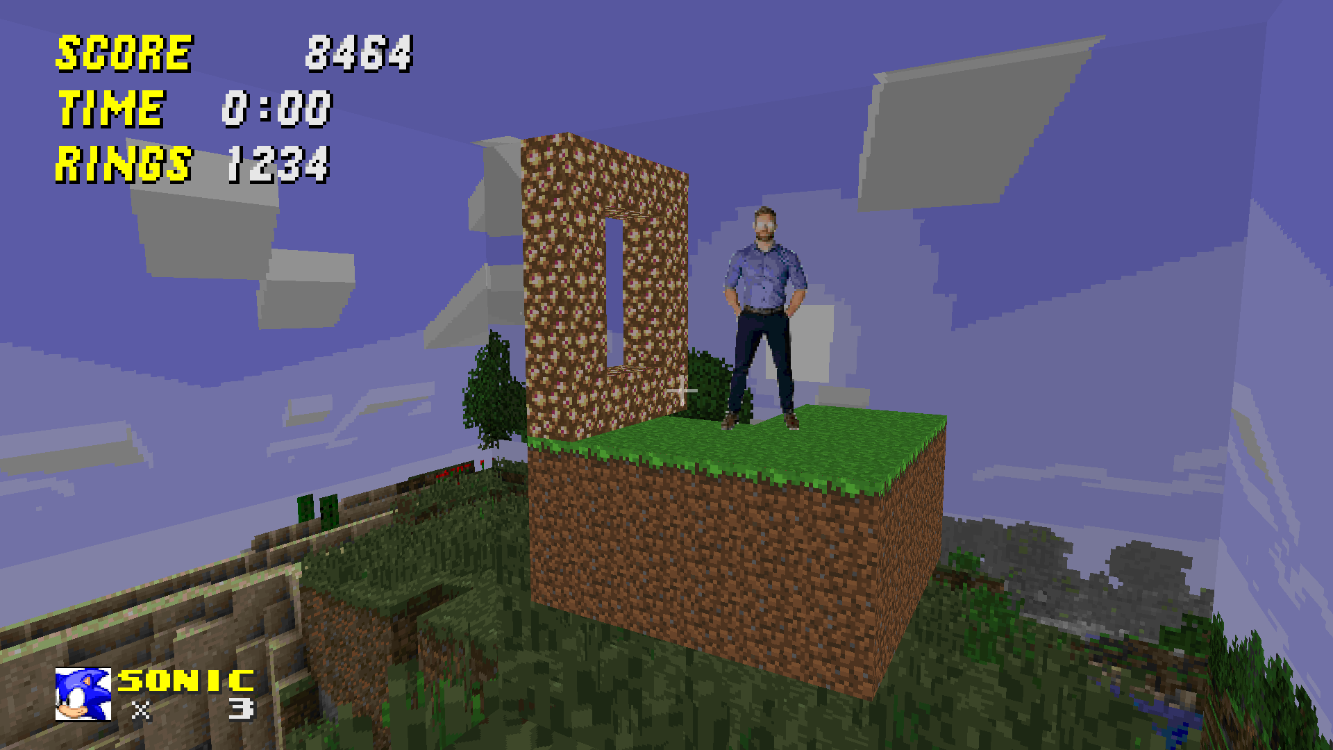 Herobrian standing on a skyblock island with a legit aether portal